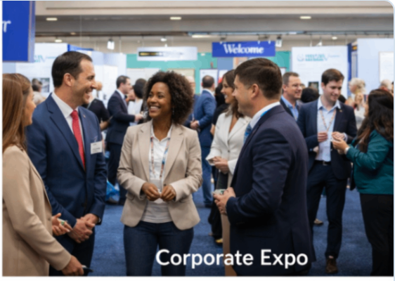 Conference and expo attendees gathering at a professional event.